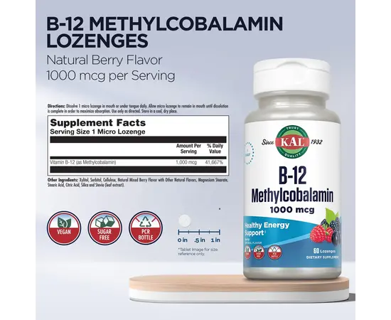 KAL B-12 Methylcobalamin 1000 mcg 60 lozengels, KAL B-12 Methylcobalamin 1000 mcg 60 lozengels , изображение 3 в интернет магазине Mega Mass