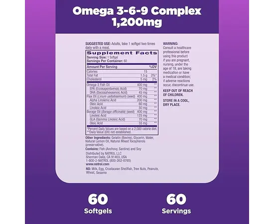 Natrol Omega 3-6-9 Complex 1200 mg 60 softgels Lemon, Фасування: 60 softgels, image , зображення 2