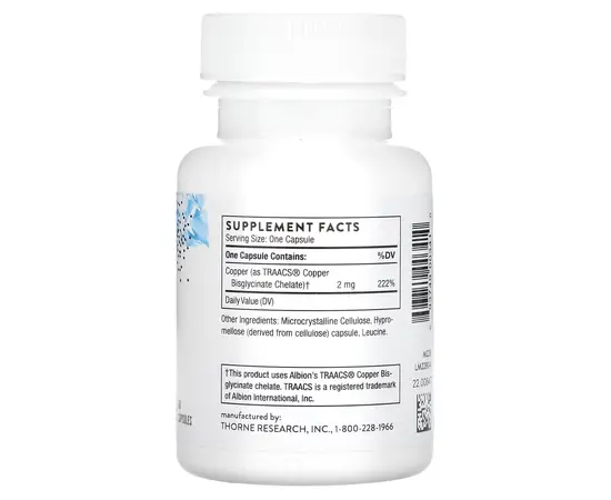 Thorne Copper Bisglycinate 2 mg 60 caps, image , зображення 2