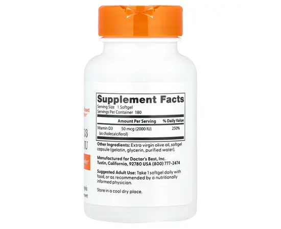 Doctor's Best Vitamin D3 2000IU 180 softgels, image , зображення 2