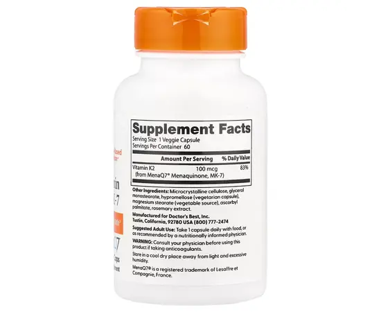 Doctor's Best Vitamin K2 MK-7 with MenaQ7 100 mcg 60 caps, image , зображення 2