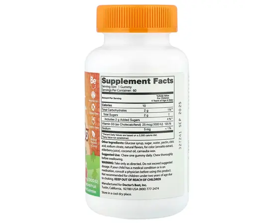 Doctor's Best Doc's Kids Vitamin D3 Gummies 25 mcg 60 Gummies Natural Fruit, Doctor's Best Doc's Kids Vitamin D3 Gummies 25 mcg 60 Gummies Natural Fruit , изображение 2 в интернет магазине Mega Mass