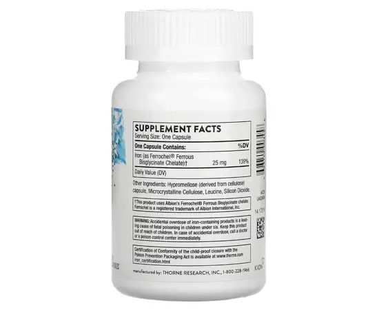 Thorne Iron Bisglycinate 60 caps, image , зображення 2