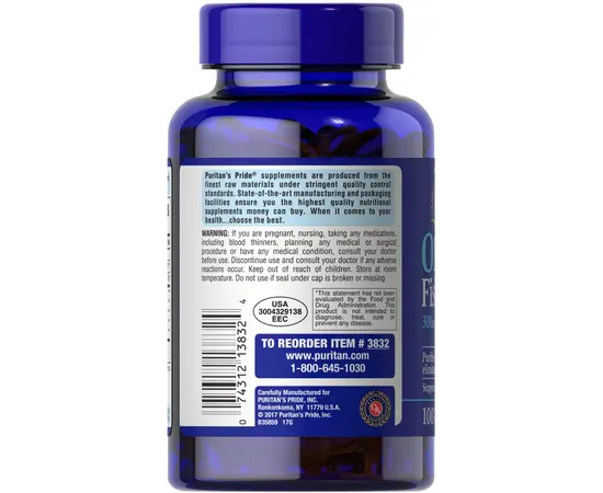 Puritan's Pride Omega-3 Fish Oil 1000 mg 100 softgels, image , зображення 4